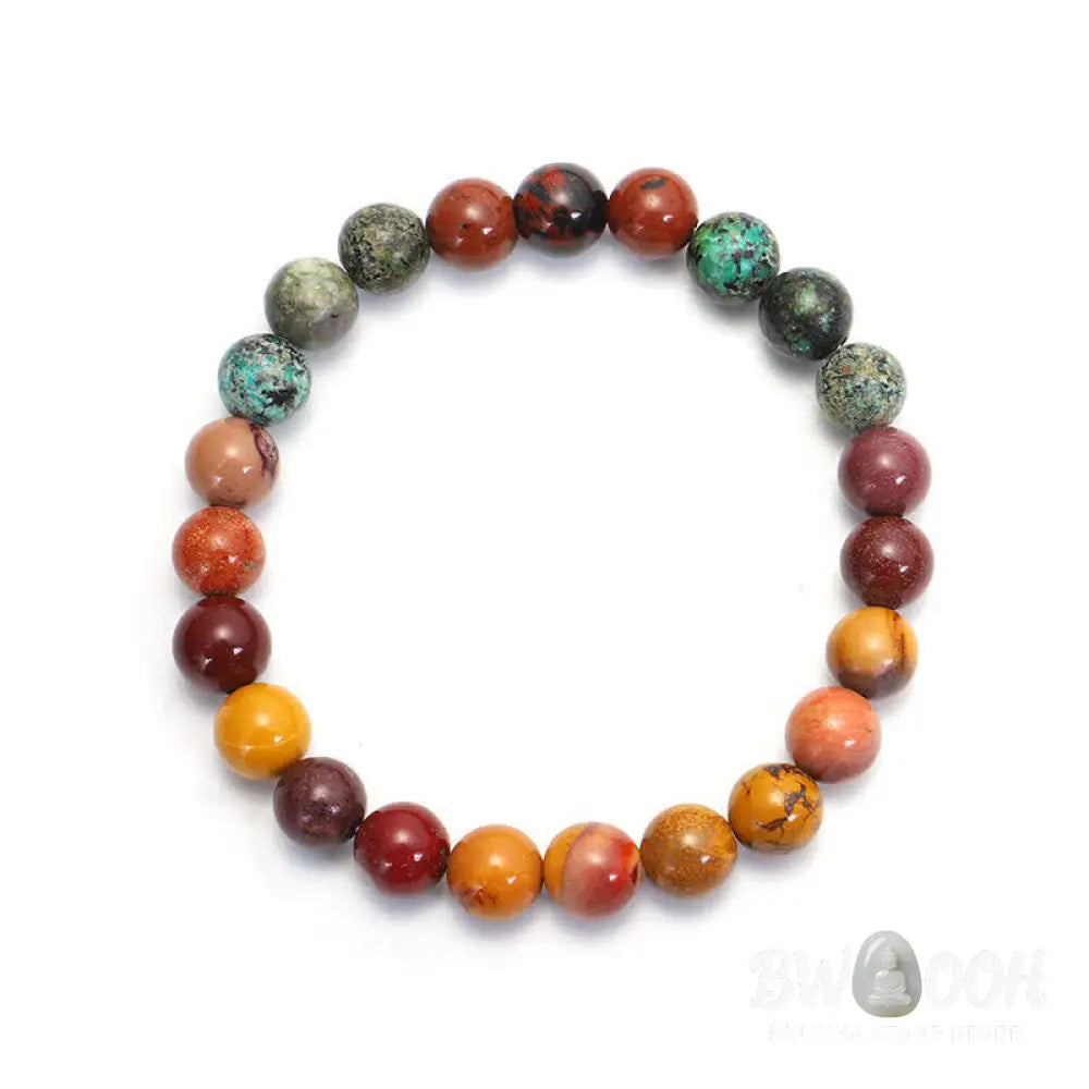 BWOOOH 108 Mookaite Mala Beads, showcasing vibrant earthy tones of red, yellow, and cream, styled as both an 86cm tassel necklace and a 16-19cm spiritual protection bracelet, crafted for emotional growth and mindfulness. - View 5