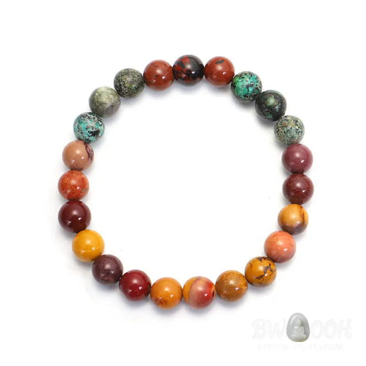 BWOOOH 108 Mookaite Mala Beads, showcasing vibrant earthy tones of red, yellow, and cream, styled as both an 86cm tassel necklace and a 16-19cm spiritual protection bracelet, crafted for emotional growth and mindfulness. - View 5