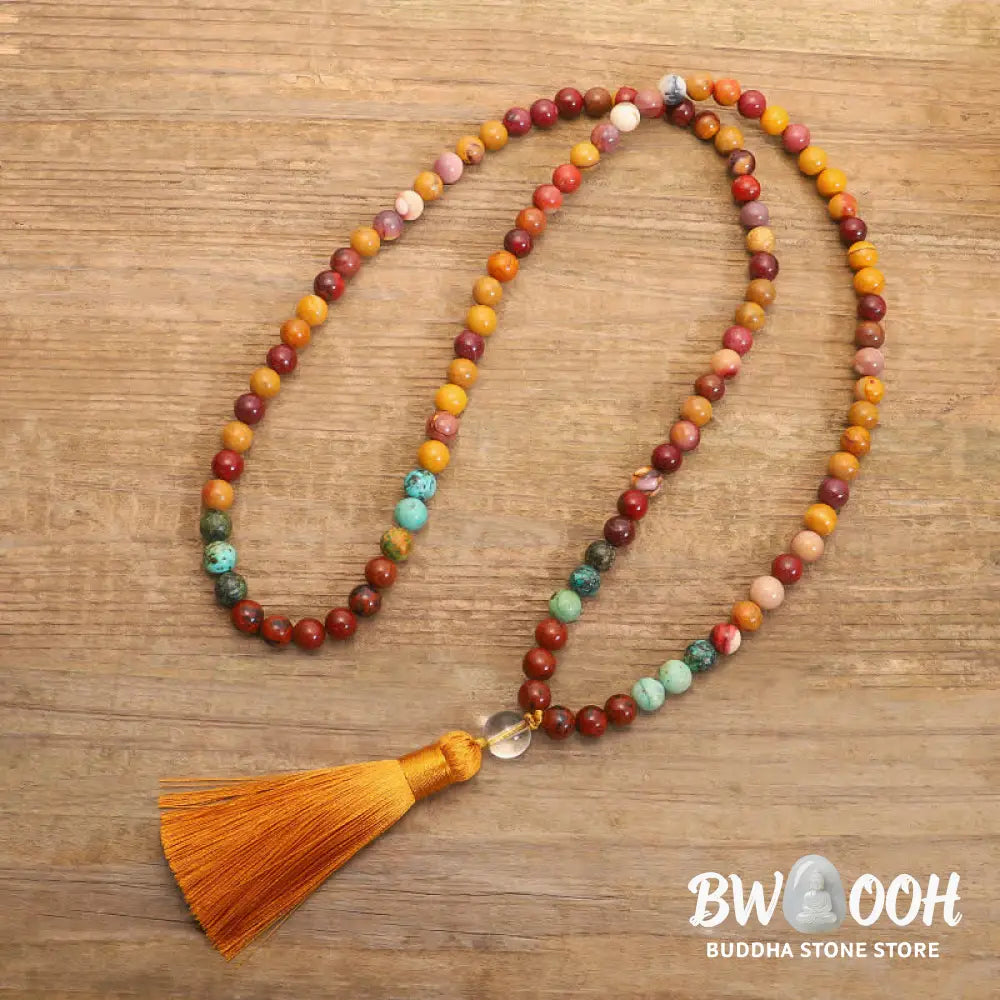 BWOOOH 108 Mookaite Mala Beads, showcasing vibrant earthy tones of red, yellow, and cream, styled as both an 86cm tassel necklace and a 16-19cm spiritual protection bracelet, crafted for emotional growth and mindfulness. - View 7