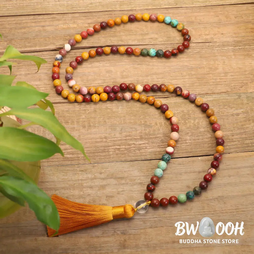 BWOOOH 108 Mookaite Mala Beads, showcasing vibrant earthy tones of red, yellow, and cream, styled as both an 86cm tassel necklace and a 16-19cm spiritual protection bracelet, crafted for emotional growth and mindfulness. - View 9