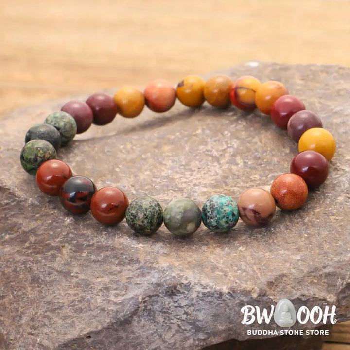 BWOOOH 108 Mookaite Mala Beads, showcasing vibrant earthy tones of red, yellow, and cream, styled as both an 86cm tassel necklace and a 16-19cm spiritual protection bracelet, crafted for emotional growth and mindfulness. - View 4