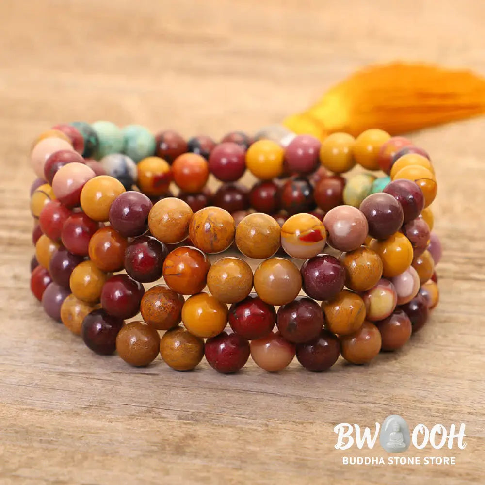 BWOOOH 108 Mookaite Mala Beads, showcasing vibrant earthy tones of red, yellow, and cream, styled as both an 86cm tassel necklace and a 16-19cm spiritual protection bracelet, crafted for emotional growth and mindfulness. - View 10