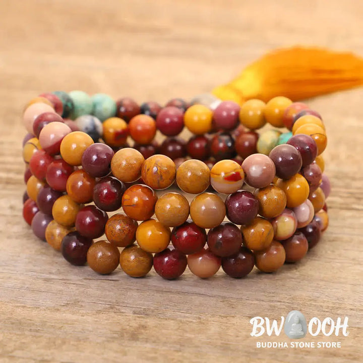 BWOOOH 108 Mookaite Mala Beads, showcasing vibrant earthy tones of red, yellow, and cream, styled as both an 86cm tassel necklace and a 16-19cm spiritual protection bracelet, crafted for emotional growth and mindfulness. - View 10