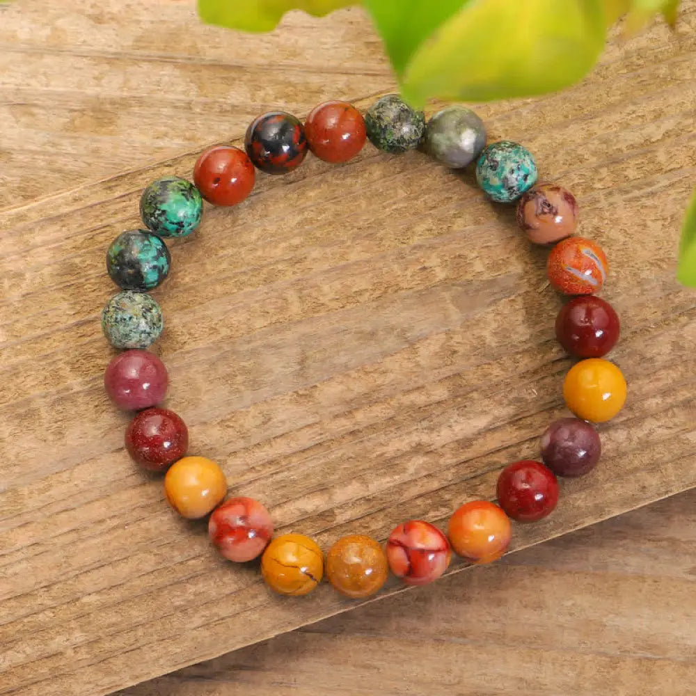 BWOOOH 108 Mookaite Mala Beads, showcasing vibrant earthy tones of red, yellow, and cream, styled as both an 86cm tassel necklace and a 16-19cm spiritual protection bracelet, crafted for emotional growth and mindfulness. - View 3