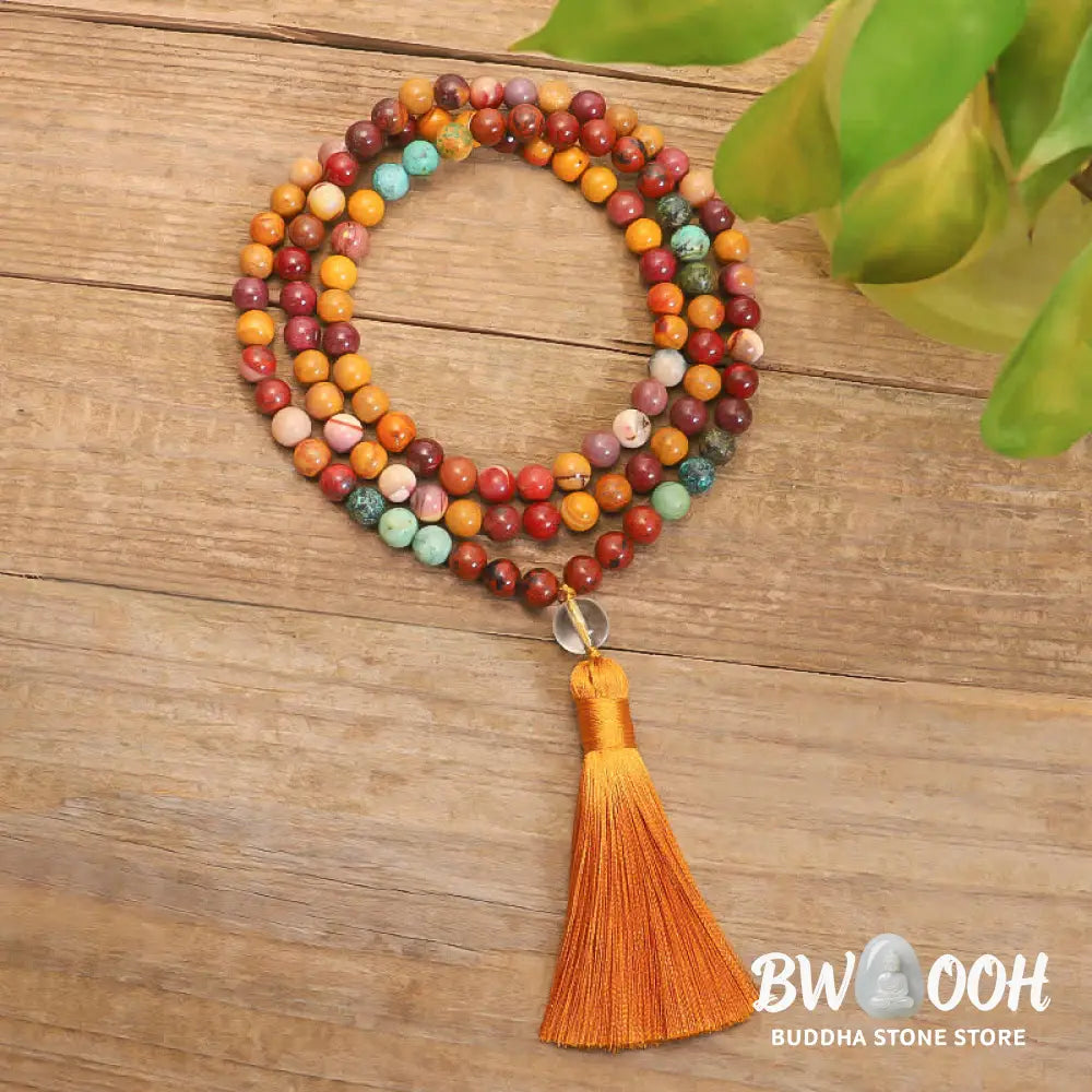 BWOOOH 108 Mookaite Mala Beads, showcasing vibrant earthy tones of red, yellow, and cream, styled as both an 86cm tassel necklace and a 16-19cm spiritual protection bracelet, crafted for emotional growth and mindfulness. - View 8