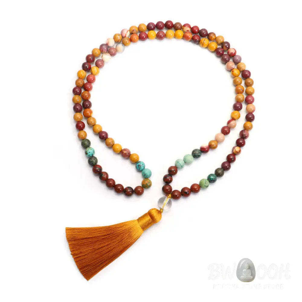 BWOOOH 108 Mookaite Mala Beads, showcasing vibrant earthy tones of red, yellow, and cream, styled as both an 86cm tassel necklace and a 16-19cm spiritual protection bracelet, crafted for emotional growth and mindfulness. - View 11