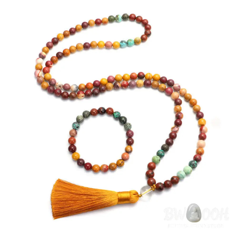 BWOOOH 108 Mookaite Mala Beads, showcasing vibrant earthy tones of red, yellow, and cream, styled as both an 86cm tassel necklace and a 16-19cm spiritual protection bracelet, crafted for emotional growth and mindfulness. - View 12