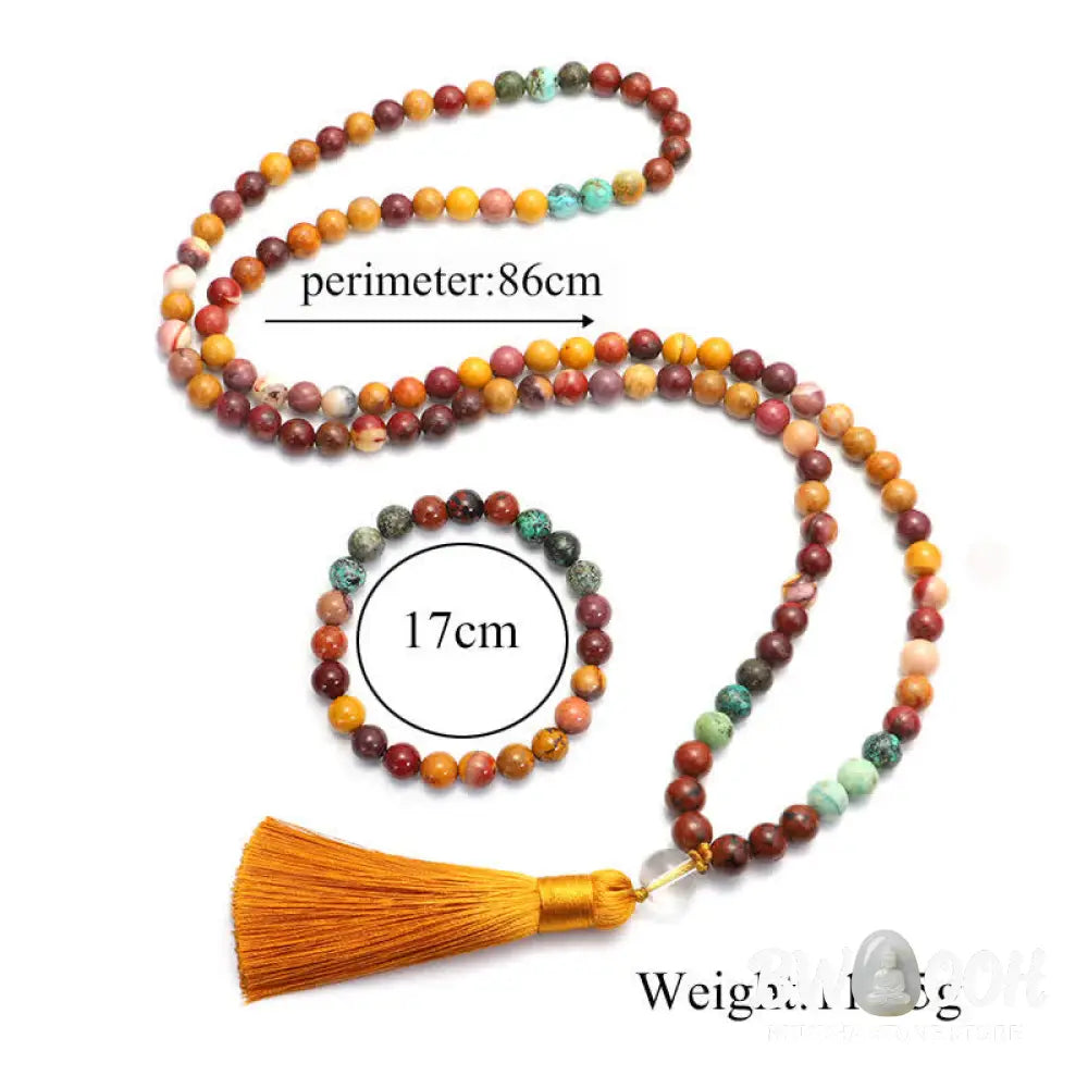 BWOOOH 108 Mookaite Mala Beads, showcasing vibrant earthy tones of red, yellow, and cream, styled as both an 86cm tassel necklace and a 16-19cm spiritual protection bracelet, crafted for emotional growth and mindfulness. - View 13