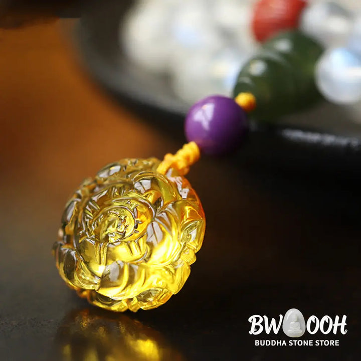 BWOOOH 108 Mala Beads bracelet handcrafted with shimmering Moonstone, warm Amber, vibrant Turquoise, and an engraved Lotus symbol, ideal for meditation and spiritual healing. - View 6