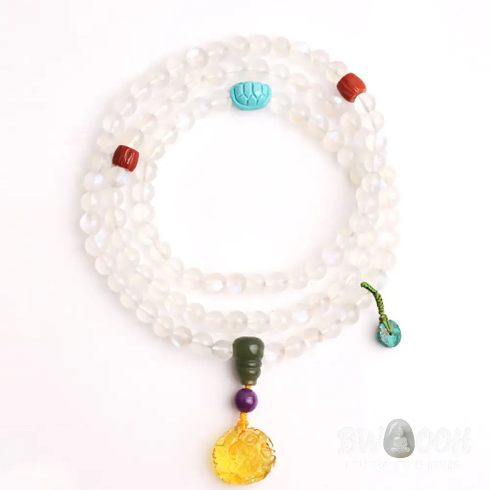 BWOOOH 108 Mala Beads bracelet handcrafted with shimmering Moonstone, warm Amber, vibrant Turquoise, and an engraved Lotus symbol, ideal for meditation and spiritual healing. - View 9