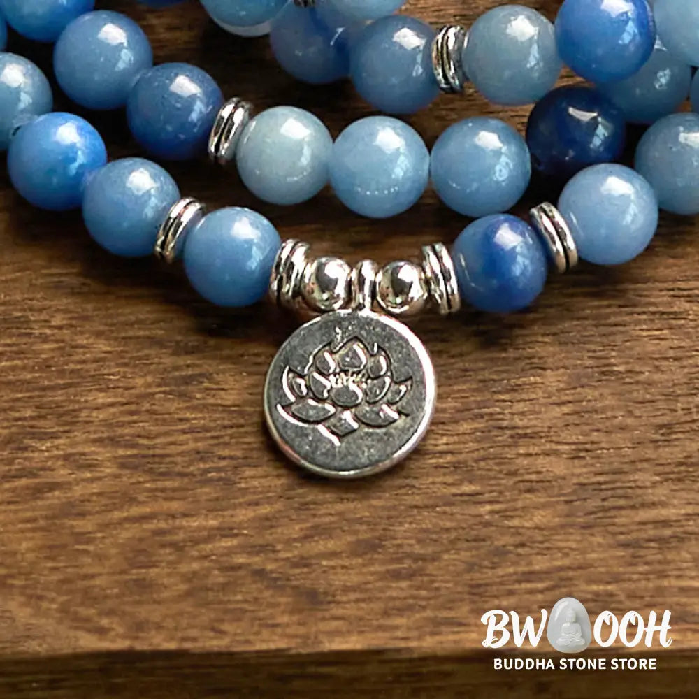 BWOOOH 108-bead multi-layer bracelet featuring 8mm natural Blue Aventurine beads and an engraved lotus pendant, symbolizing calm, spiritual growth, and inner peace. - View 12