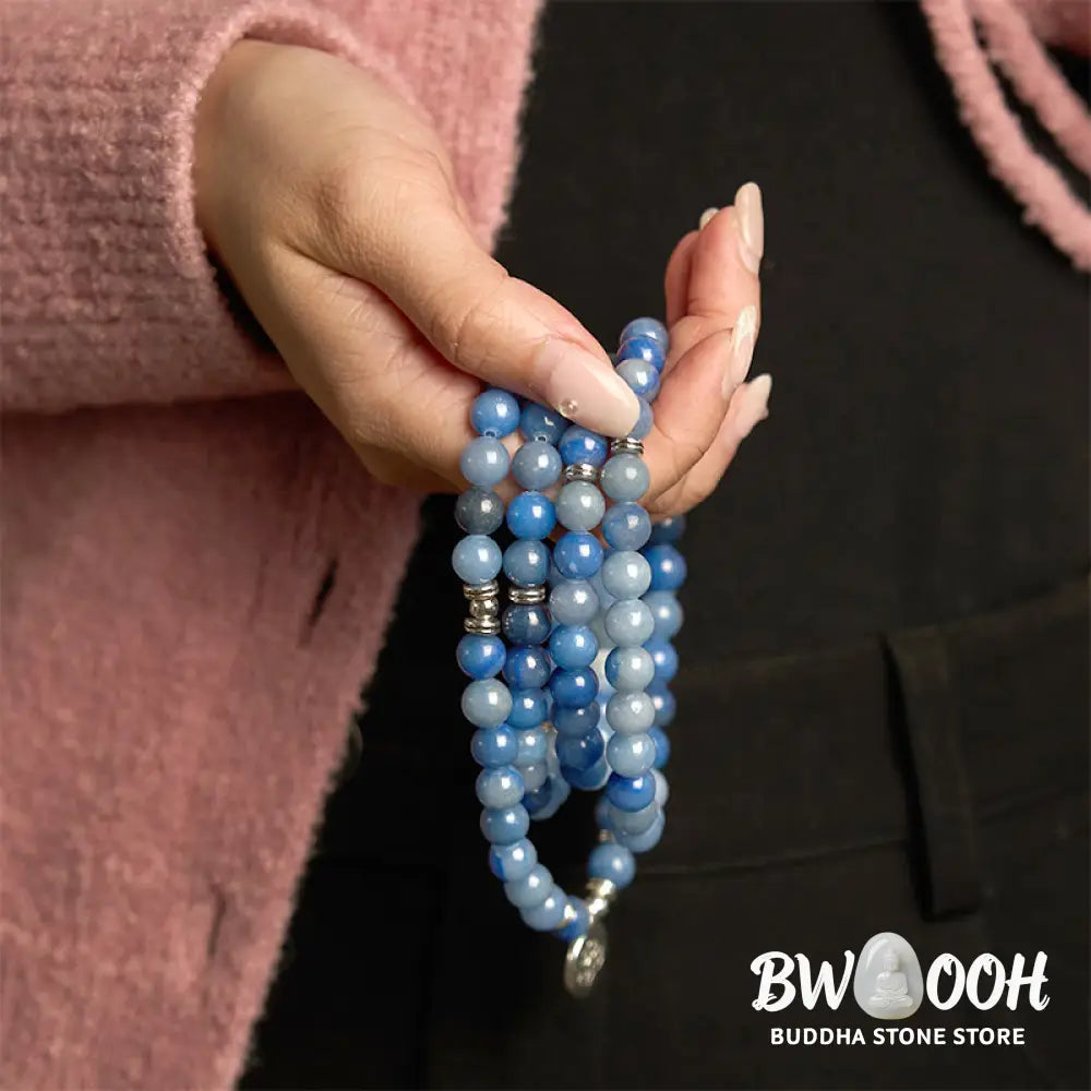 BWOOOH 108-bead multi-layer bracelet featuring 8mm natural Blue Aventurine beads and an engraved lotus pendant, symbolizing calm, spiritual growth, and inner peace. - View 3