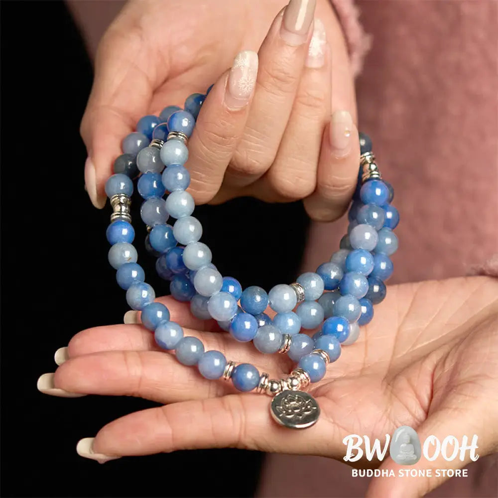BWOOOH 108-bead multi-layer bracelet featuring 8mm natural Blue Aventurine beads and an engraved lotus pendant, symbolizing calm, spiritual growth, and inner peace. - View 10