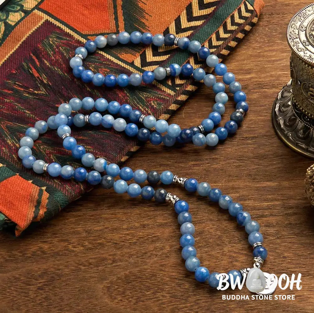 BWOOOH 108-bead multi-layer bracelet featuring 8mm natural Blue Aventurine beads and an engraved lotus pendant, symbolizing calm, spiritual growth, and inner peace. - View 2