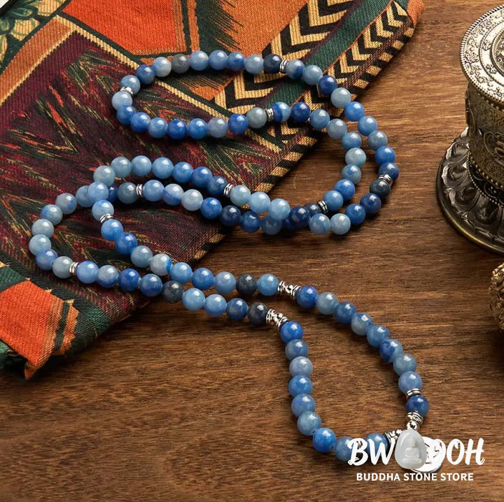 BWOOOH 108-bead multi-layer bracelet featuring 8mm natural Blue Aventurine beads and an engraved lotus pendant, symbolizing calm, spiritual growth, and inner peace. - View 2