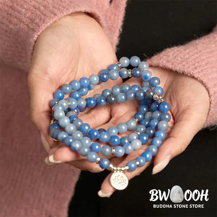 BWOOOH 108-bead multi-layer bracelet featuring 8mm natural Blue Aventurine beads and an engraved lotus pendant, symbolizing calm, spiritual growth, and inner peace. - View 6