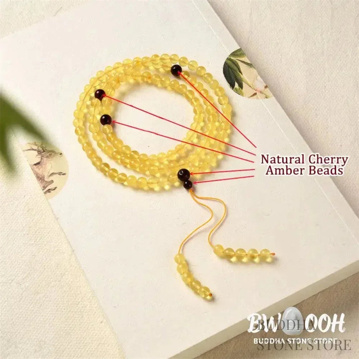 BWOOOH 108 Mala meditation bracelet featuring 5mm natural cherry amber beads, designed to clear anxiety, promote focus, and bring spiritual balance. - View 7