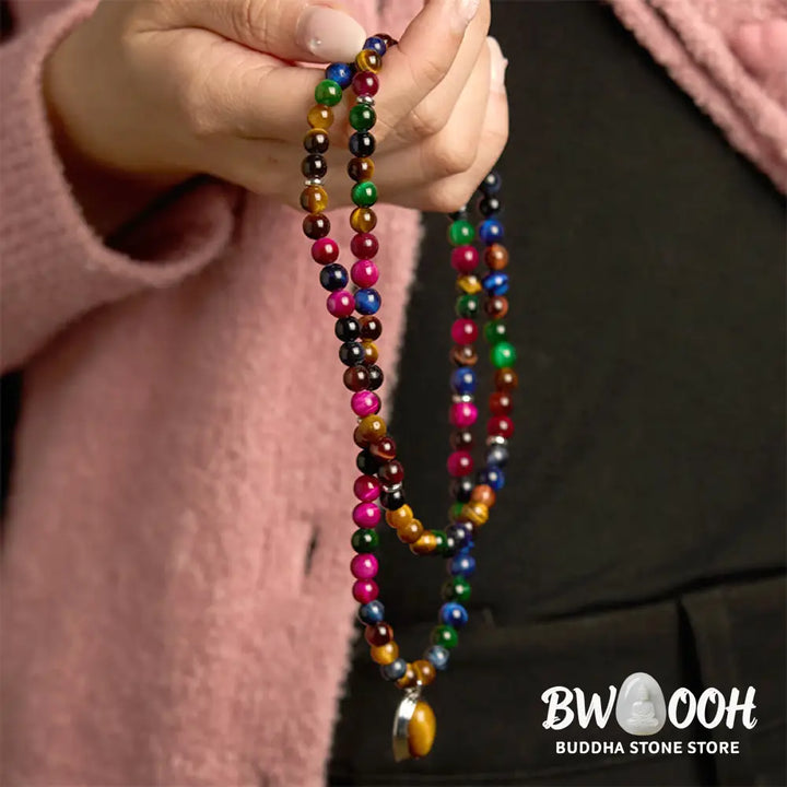 BWOOOH 108 Colorful Tiger Eye Mala Bracelet, showcasing vibrant natural red, blue, green, and golden tiger eye beads. A multi-turn spiritual protection accessory designed for mindfulness, emotional balance, and confidence. - View 3