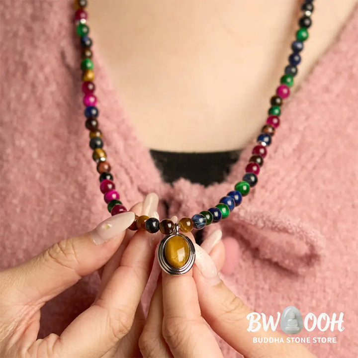 BWOOOH 108 Colorful Tiger Eye Mala Bracelet, showcasing vibrant natural red, blue, green, and golden tiger eye beads. A multi-turn spiritual protection accessory designed for mindfulness, emotional balance, and confidence. - View 6
