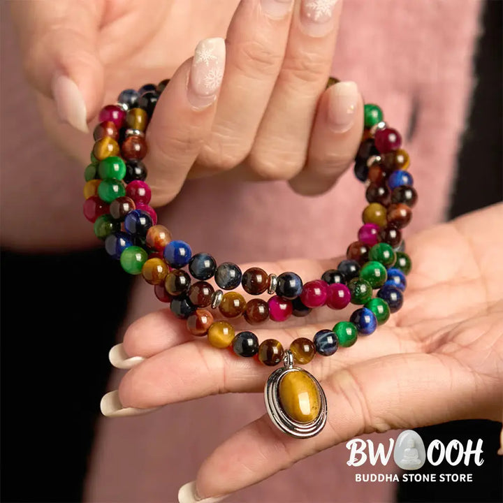 BWOOOH 108 Colorful Tiger Eye Mala Bracelet, showcasing vibrant natural red, blue, green, and golden tiger eye beads. A multi-turn spiritual protection accessory designed for mindfulness, emotional balance, and confidence. - View 4
