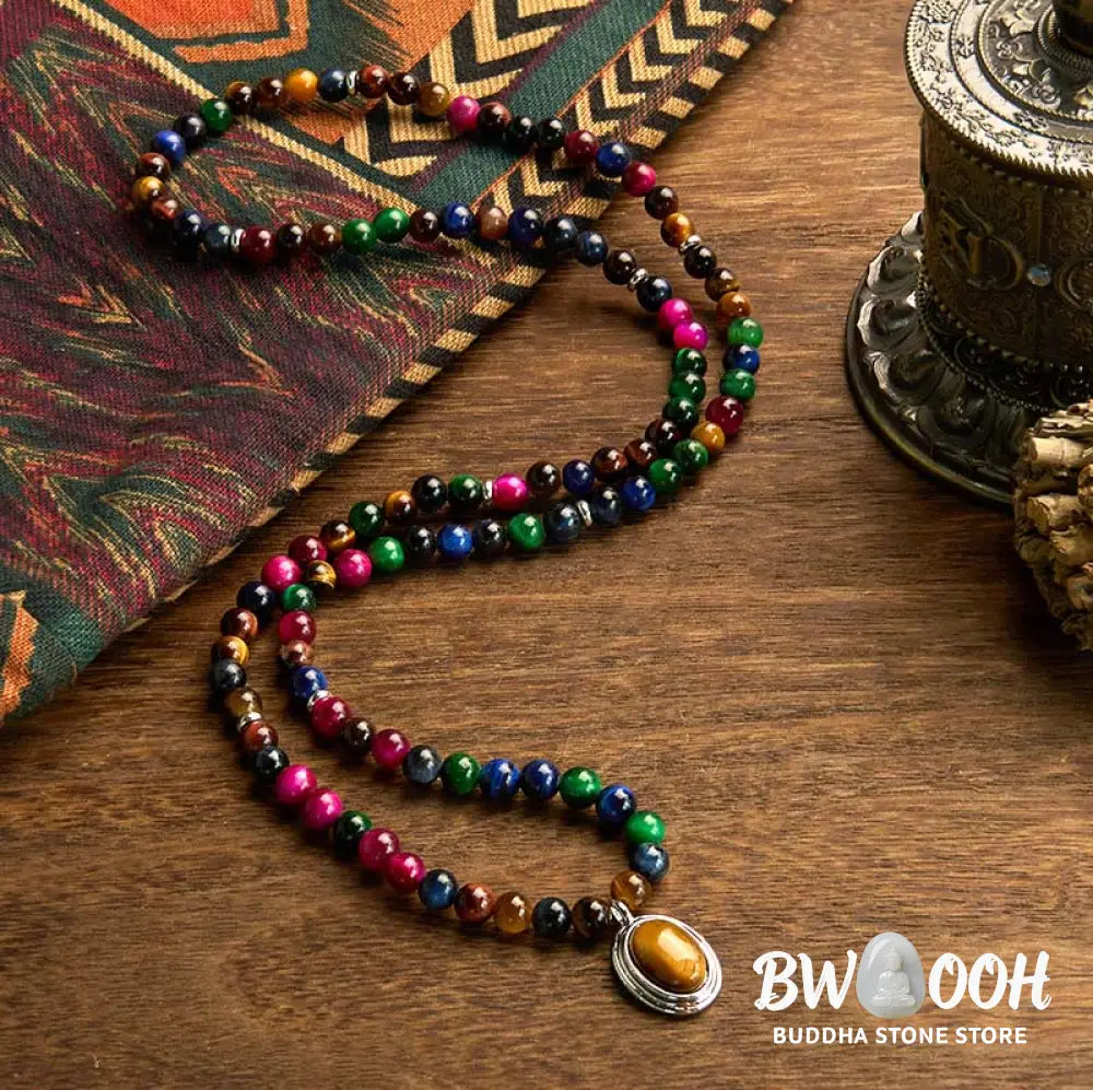 BWOOOH 108 Colorful Tiger Eye Mala Bracelet, showcasing vibrant natural red, blue, green, and golden tiger eye beads. A multi-turn spiritual protection accessory designed for mindfulness, emotional balance, and confidence. - View 2