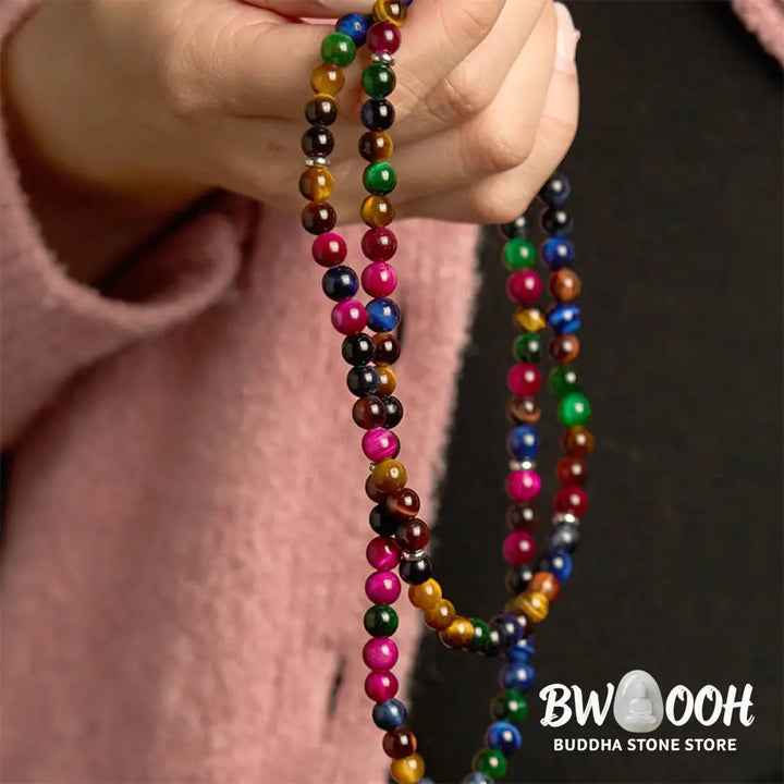 BWOOOH 108 Colorful Tiger Eye Mala Bracelet, showcasing vibrant natural red, blue, green, and golden tiger eye beads. A multi-turn spiritual protection accessory designed for mindfulness, emotional balance, and confidence. - View 5
