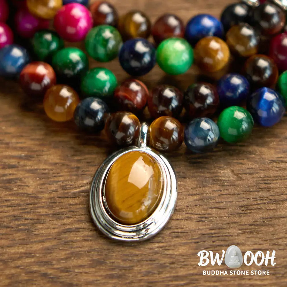 BWOOOH 108 Colorful Tiger Eye Mala Bracelet, showcasing vibrant natural red, blue, green, and golden tiger eye beads. A multi-turn spiritual protection accessory designed for mindfulness, emotional balance, and confidence. - View 8