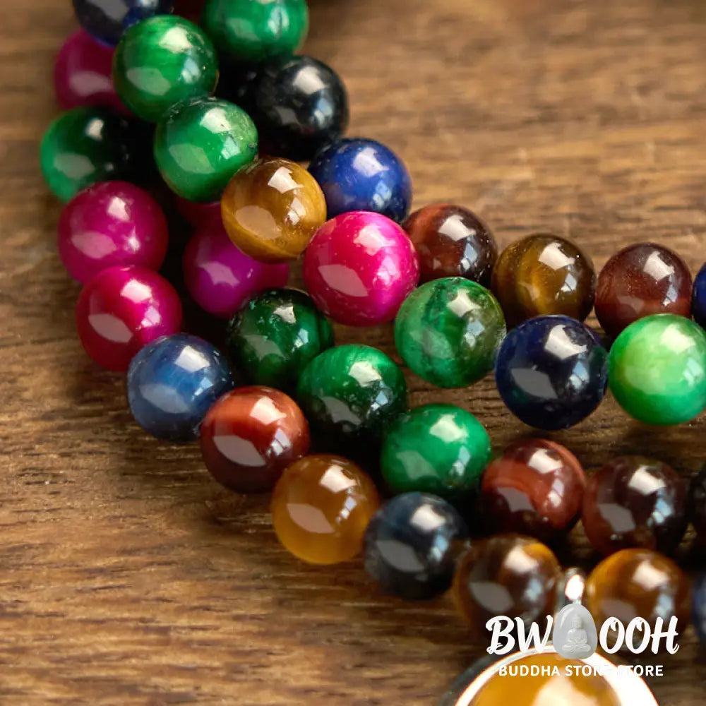 BWOOOH 108 Colorful Tiger Eye Mala Bracelet, showcasing vibrant natural red, blue, green, and golden tiger eye beads. A multi-turn spiritual protection accessory designed for mindfulness, emotional balance, and confidence. - View 7