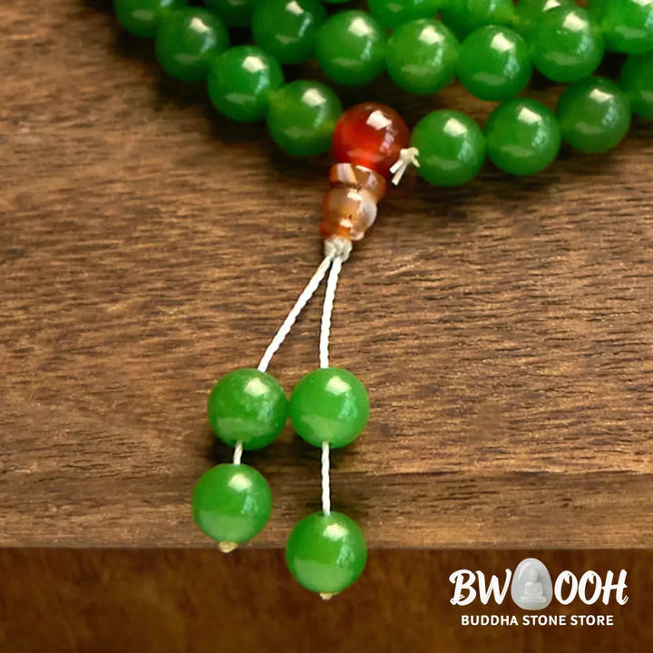 A BWOOOH 108-bead natural Cyan Jade mala bracelet, featuring smooth 8mm blue-green beads strung on premium elastic, ideal for meditation and daily wear. - View 8