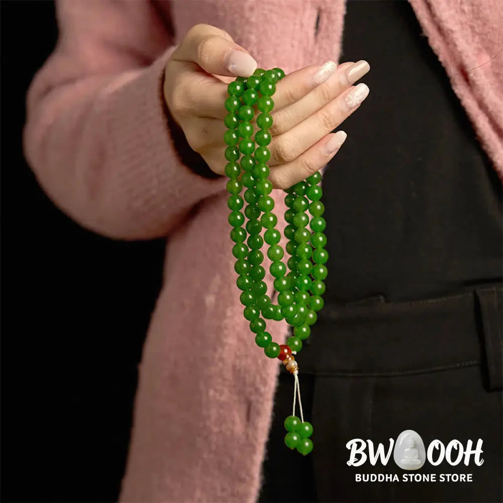 A BWOOOH 108-bead natural Cyan Jade mala bracelet, featuring smooth 8mm blue-green beads strung on premium elastic, ideal for meditation and daily wear. - View 4