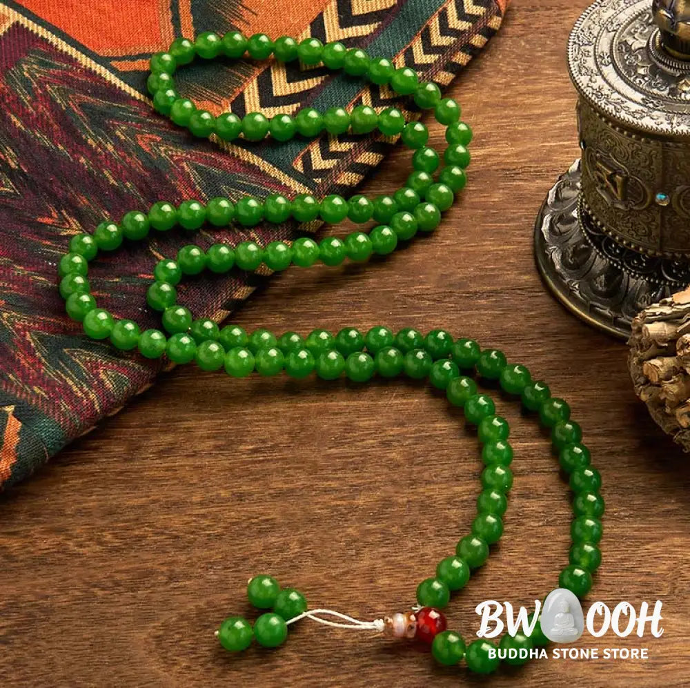 A BWOOOH 108-bead natural Cyan Jade mala bracelet, featuring smooth 8mm blue-green beads strung on premium elastic, ideal for meditation and daily wear. - View 2