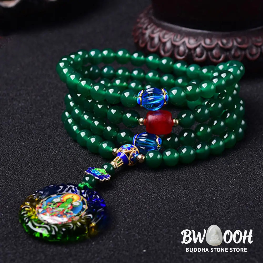 BWOOOH 108 Mala Beads bracelet, natural Green Agate (6mm, 8mm, 10mm beads) on premium elastic, featuring a Bodhisattva Green Tara manifestation charm, for mindfulness and courage. - View 2