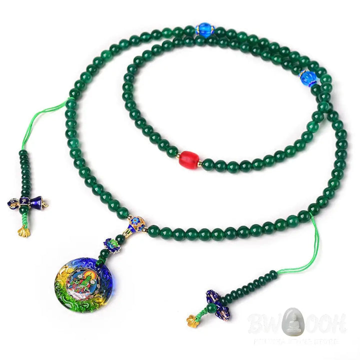 BWOOOH 108 Mala Beads bracelet, natural Green Agate (6mm, 8mm, 10mm beads) on premium elastic, featuring a Bodhisattva Green Tara manifestation charm, for mindfulness and courage. - View 5