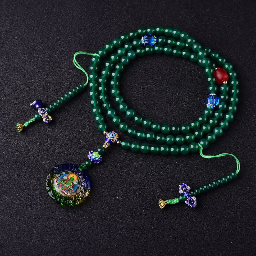 BWOOOH 108 Mala Beads bracelet, natural Green Agate (6mm, 8mm, 10mm beads) on premium elastic, featuring a Bodhisattva Green Tara manifestation charm, for mindfulness and courage.