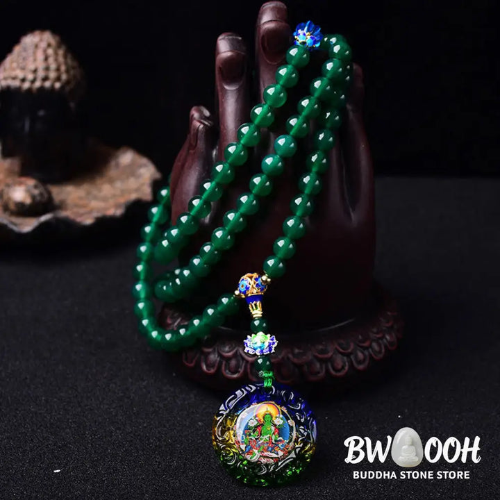 BWOOOH 108 Mala Beads bracelet, natural Green Agate (6mm, 8mm, 10mm beads) on premium elastic, featuring a Bodhisattva Green Tara manifestation charm, for mindfulness and courage. - View 3