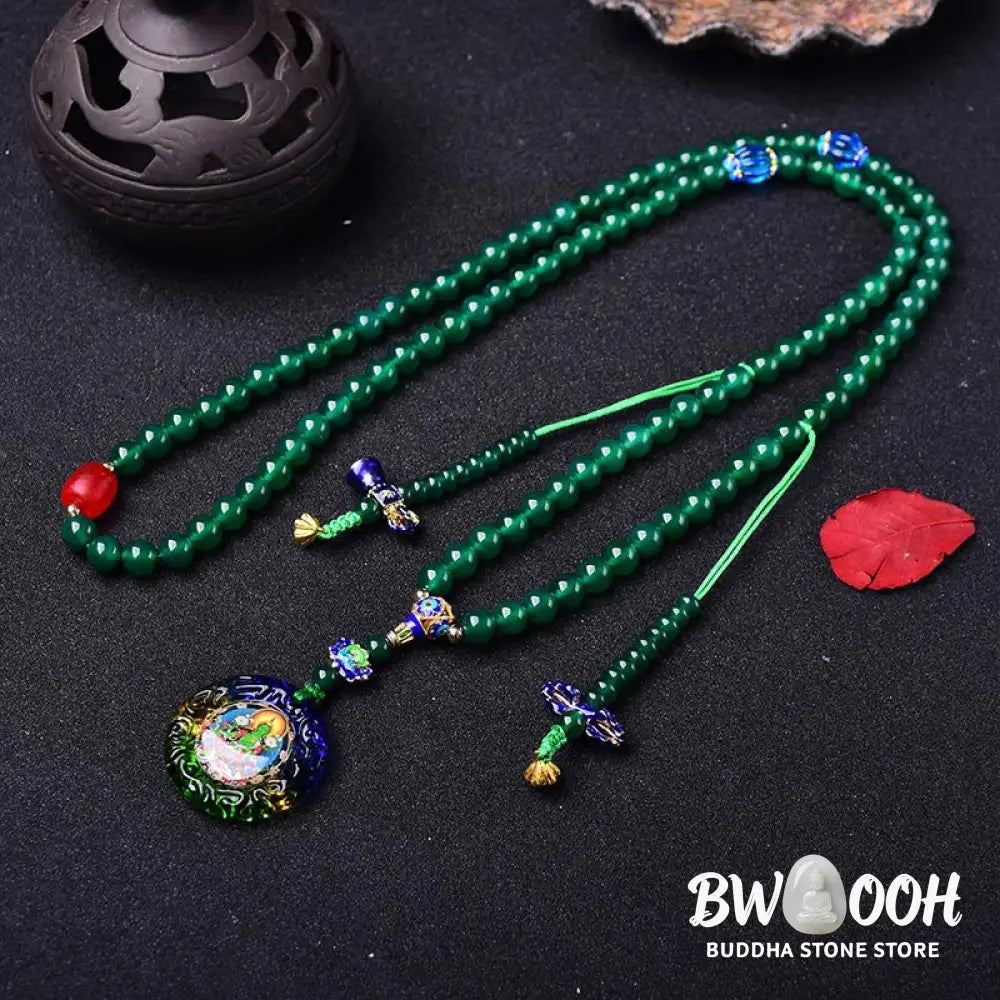 BWOOOH 108 Mala Beads bracelet, natural Green Agate (6mm, 8mm, 10mm beads) on premium elastic, featuring a Bodhisattva Green Tara manifestation charm, for mindfulness and courage. - View 4