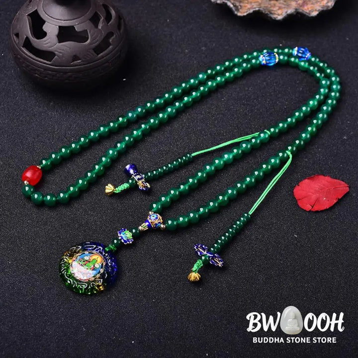 BWOOOH 108 Mala Beads bracelet, natural Green Agate (6mm, 8mm, 10mm beads) on premium elastic, featuring a Bodhisattva Green Tara manifestation charm, for mindfulness and courage. - View 4