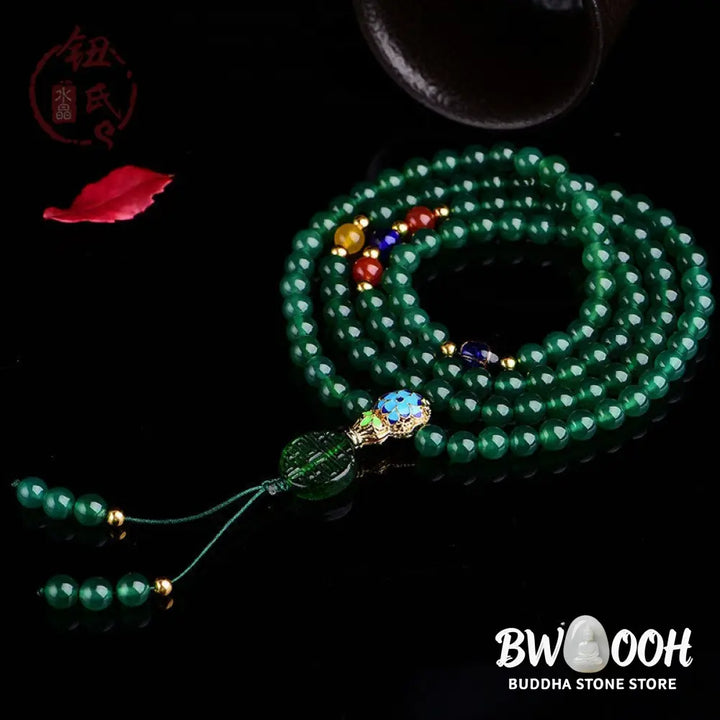 BWOOOH 108 Natural Green Agate Power Support Mala Bracelet, featuring polished green agate beads on a premium elastic string, designed for mindfulness, courage, and manifesting success. - View 2