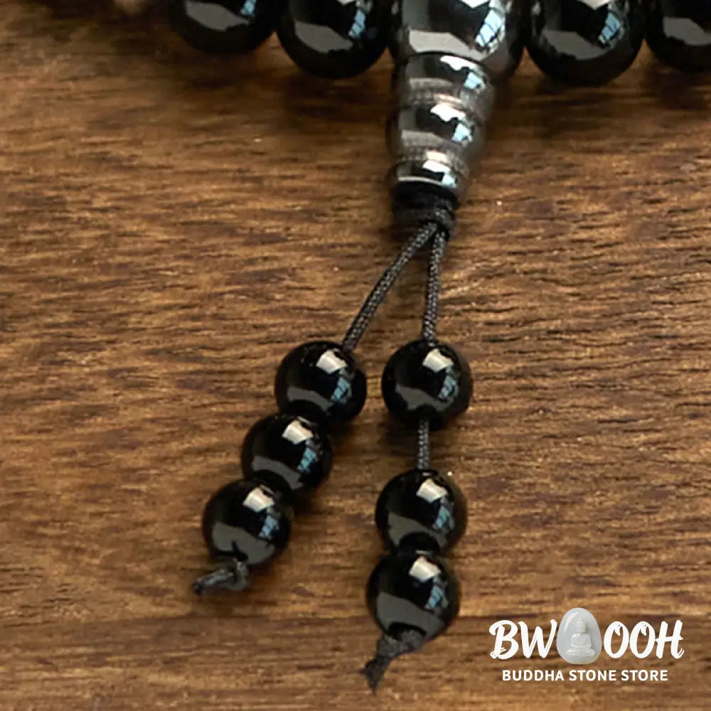 BWOOOH 108 Mala Beads Black Onyx protection bracelet with 8mm natural stones and premium elastic string, designed for deep meditation and grounding spiritual practice. - View 8