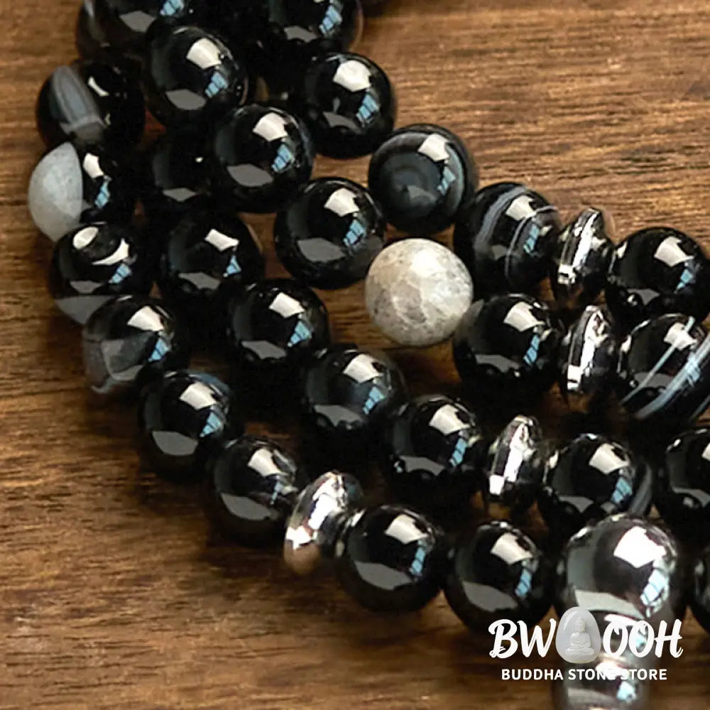 BWOOOH 108 Mala Beads Black Onyx protection bracelet with 8mm natural stones and premium elastic string, designed for deep meditation and grounding spiritual practice. - View 7