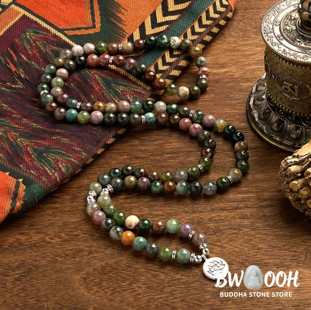 BWOOOH 108-bead Indian Agate Mala Bracelet featuring 8mm natural stone beads and a round engraved lotus pendant, strung on premium elastic, for mindfulness and calm. - View 2