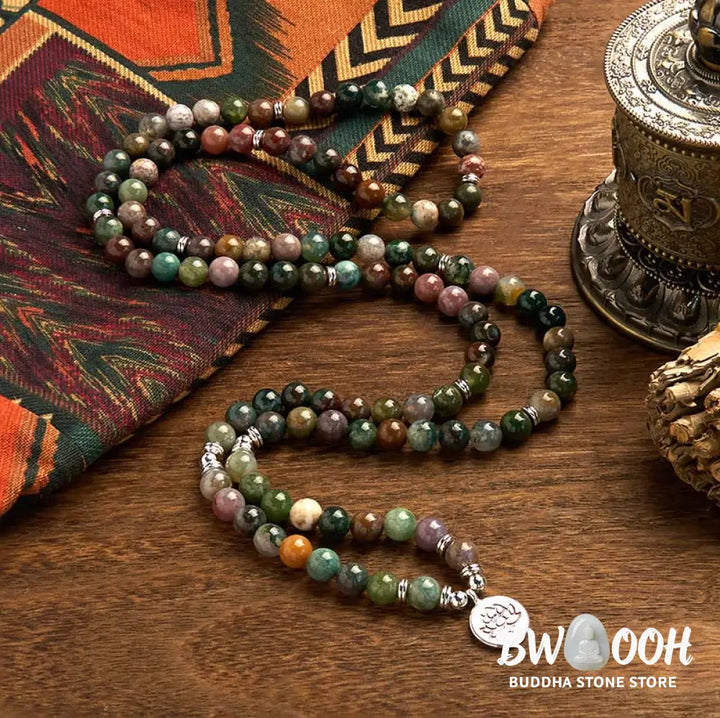 BWOOOH 108-bead Indian Agate Mala Bracelet featuring 8mm natural stone beads and a round engraved lotus pendant, strung on premium elastic, for mindfulness and calm. - View 2