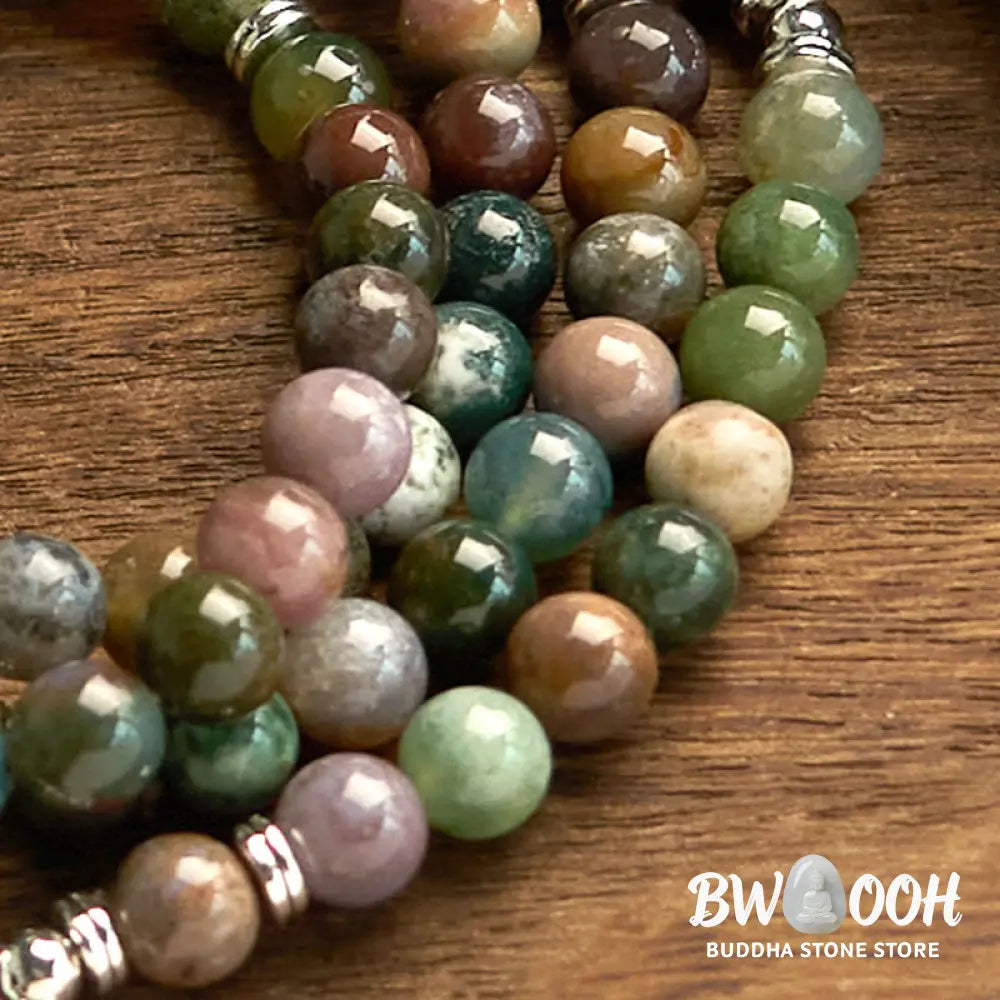 BWOOOH 108-bead Indian Agate Mala Bracelet featuring 8mm natural stone beads and a round engraved lotus pendant, strung on premium elastic, for mindfulness and calm. - View 9