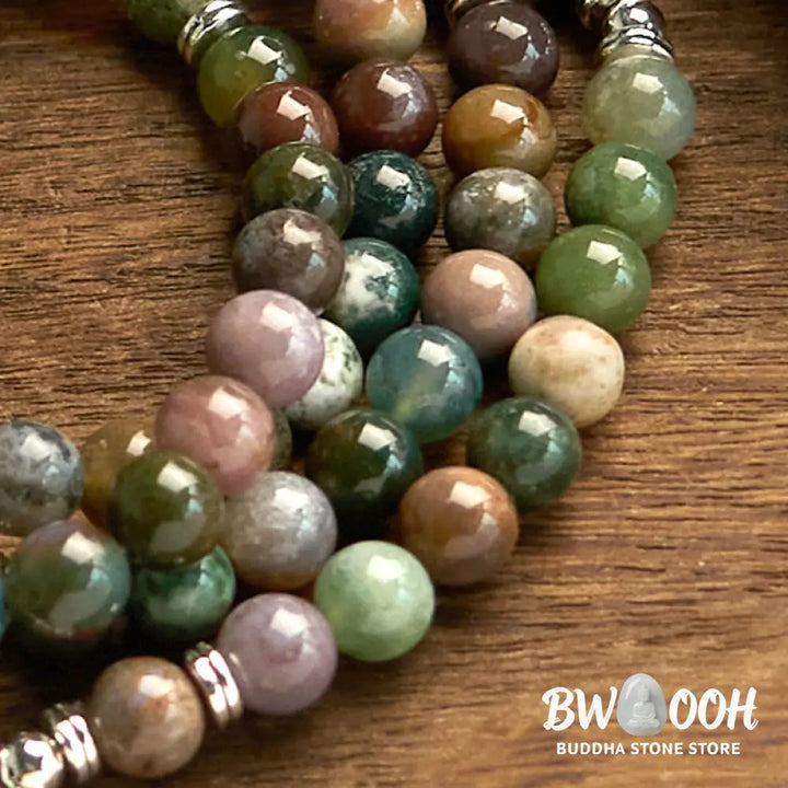 BWOOOH 108-bead Indian Agate Mala Bracelet featuring 8mm natural stone beads and a round engraved lotus pendant, strung on premium elastic, for mindfulness and calm. - View 9