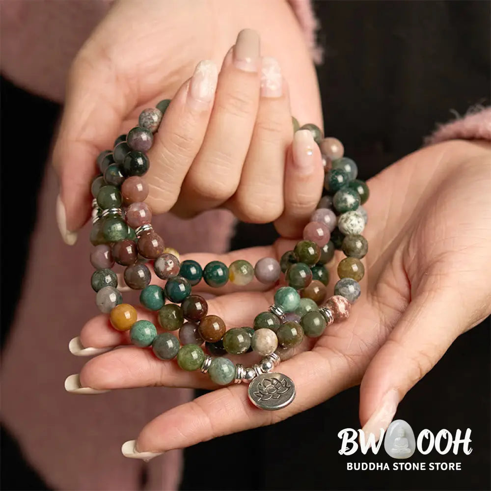 BWOOOH 108-bead Indian Agate Mala Bracelet featuring 8mm natural stone beads and a round engraved lotus pendant, strung on premium elastic, for mindfulness and calm. - View 8