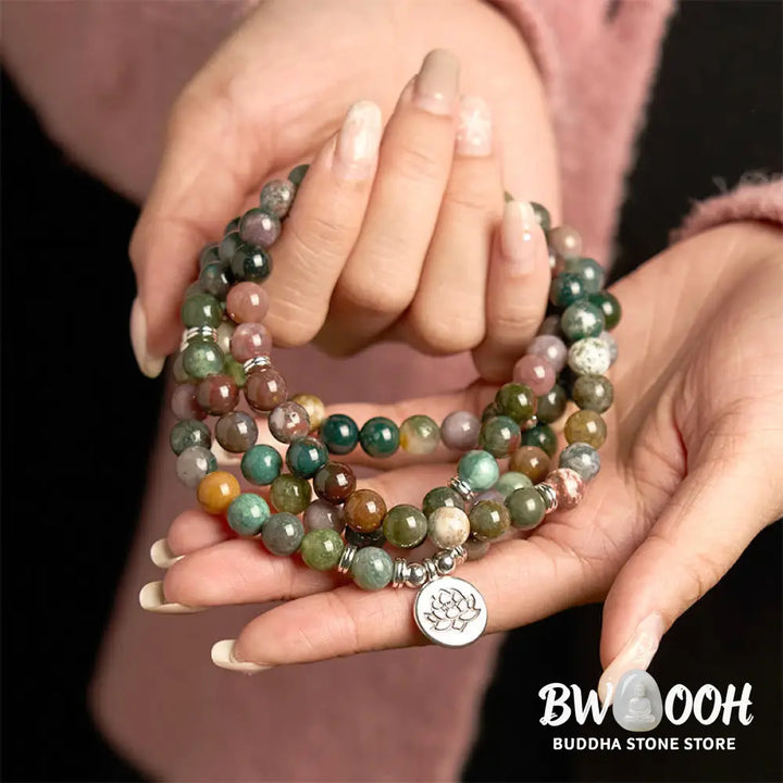 BWOOOH 108-bead Indian Agate Mala Bracelet featuring 8mm natural stone beads and a round engraved lotus pendant, strung on premium elastic, for mindfulness and calm. - View 5