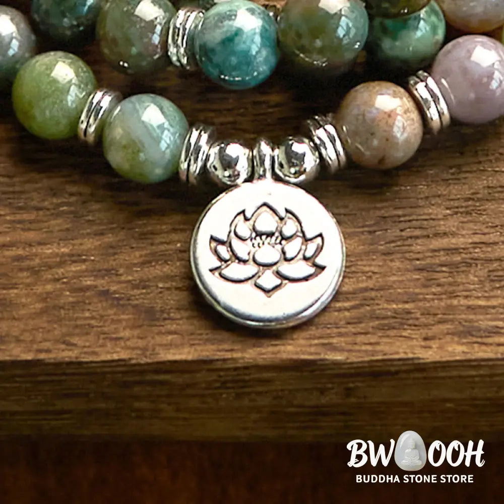 BWOOOH 108-bead Indian Agate Mala Bracelet featuring 8mm natural stone beads and a round engraved lotus pendant, strung on premium elastic, for mindfulness and calm. - View 11