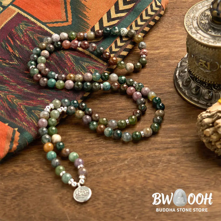 BWOOOH 108-bead Indian Agate Mala Bracelet featuring 8mm natural stone beads and a round engraved lotus pendant, strung on premium elastic, for mindfulness and calm. - View 3