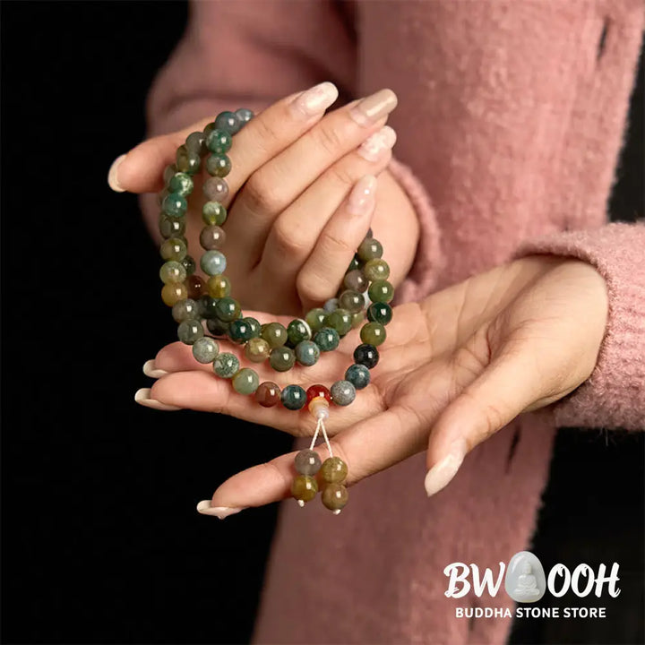 BWOOOH 108 Mala Beads Natural Moss Agate multi-turn healing bracelet. Features 8mm green beads on elastic string, symbolizing growth and harmony for a unisex fit. - View 4