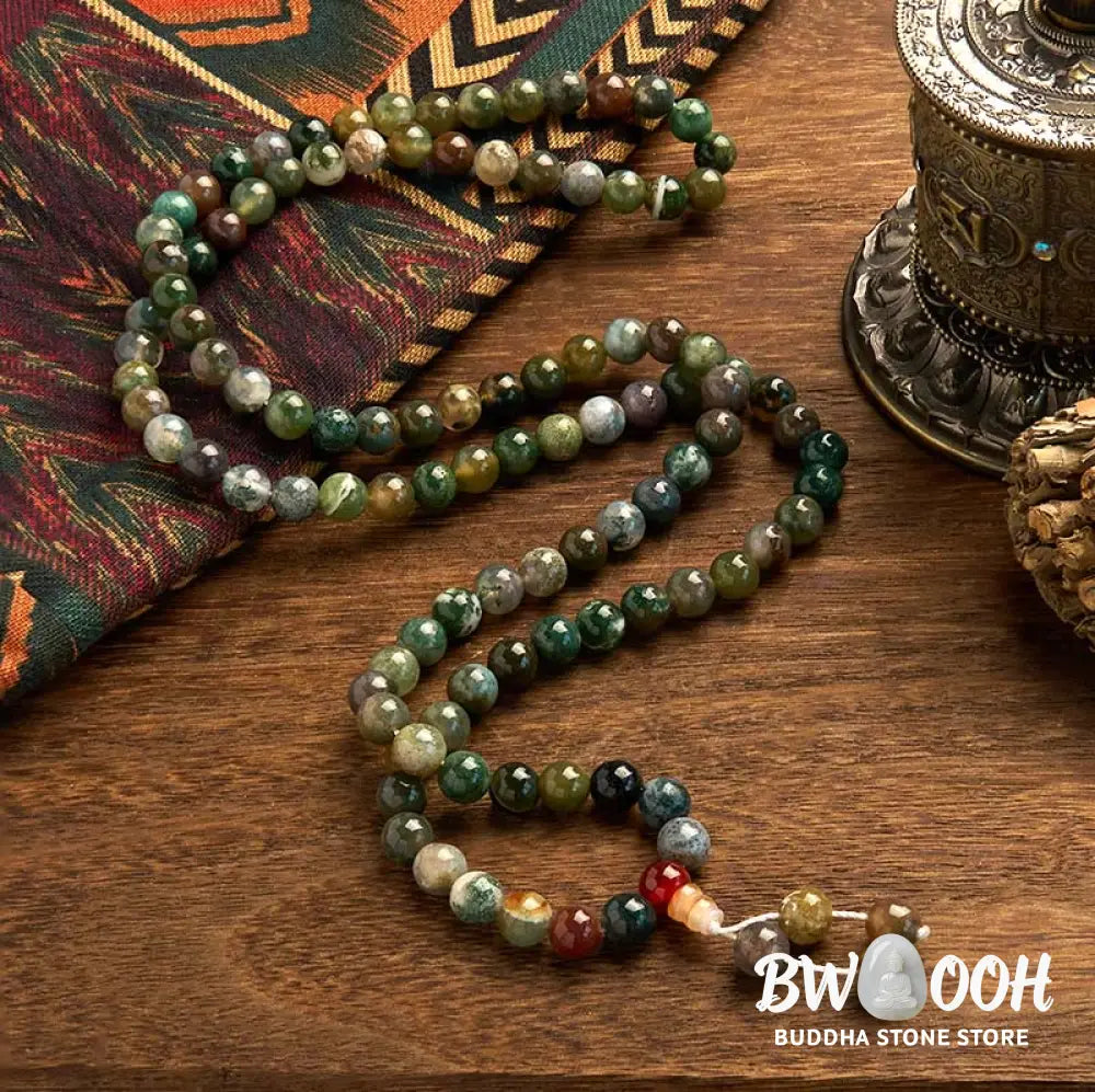 BWOOOH 108 Mala Beads Natural Moss Agate multi-turn healing bracelet. Features 8mm green beads on elastic string, symbolizing growth and harmony for a unisex fit. - View 2